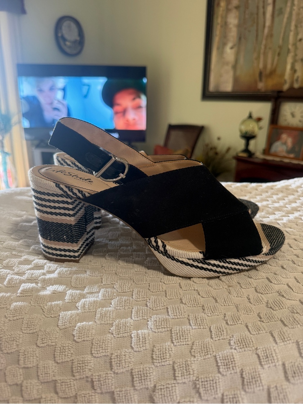 Life Stride Black Striped Platform Slingback Heels